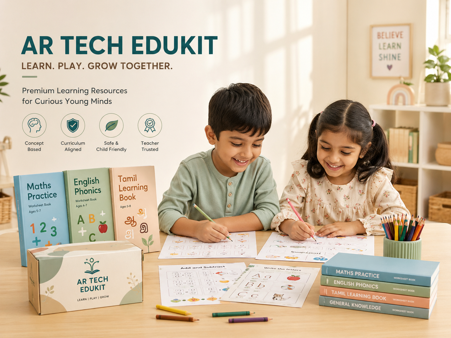 Two children studying with AR TECH EDUKIT books and pencils
